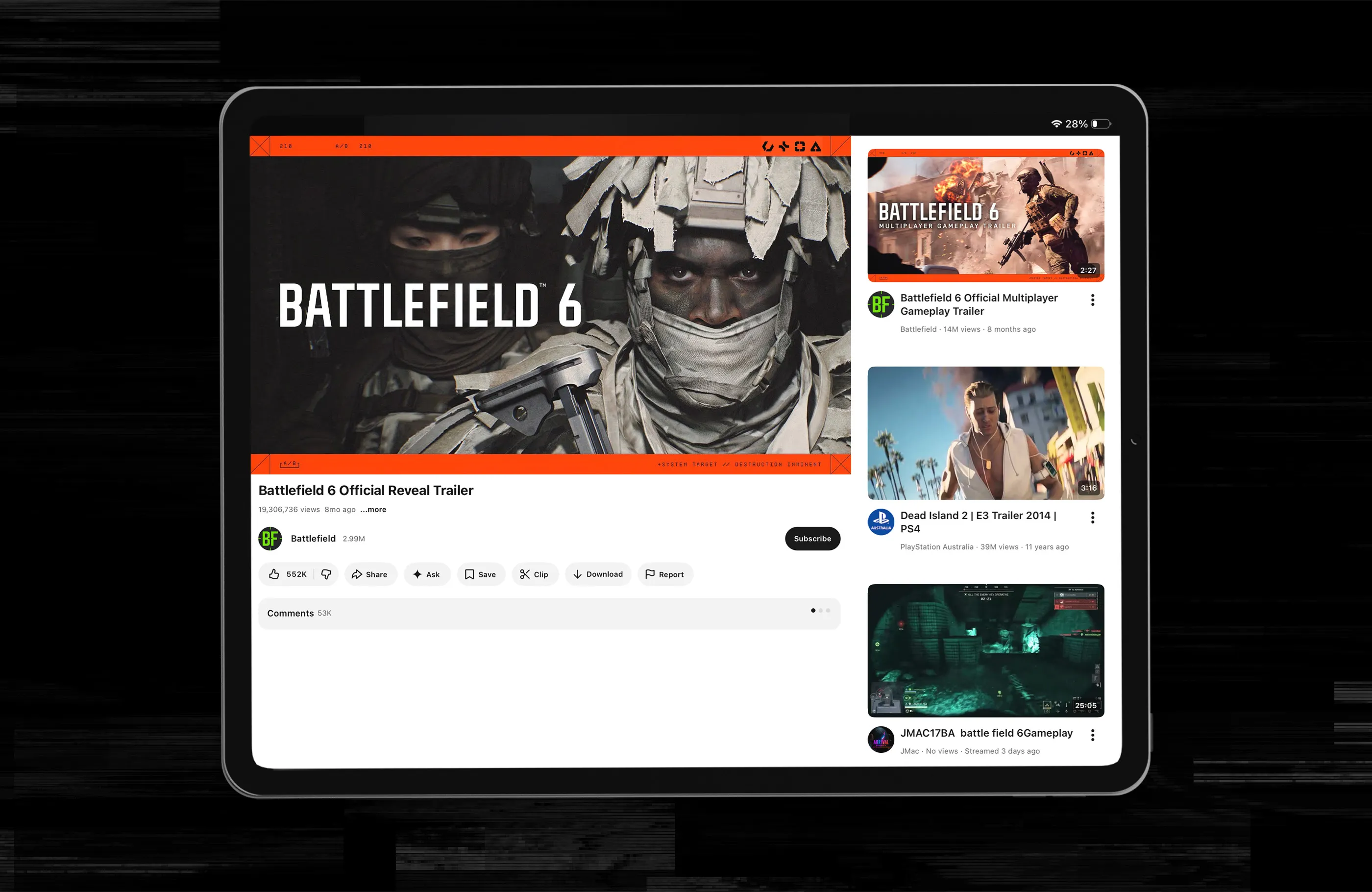 Battlefield 6 reveal trailer thumbnail displayed on iPad Pro.
