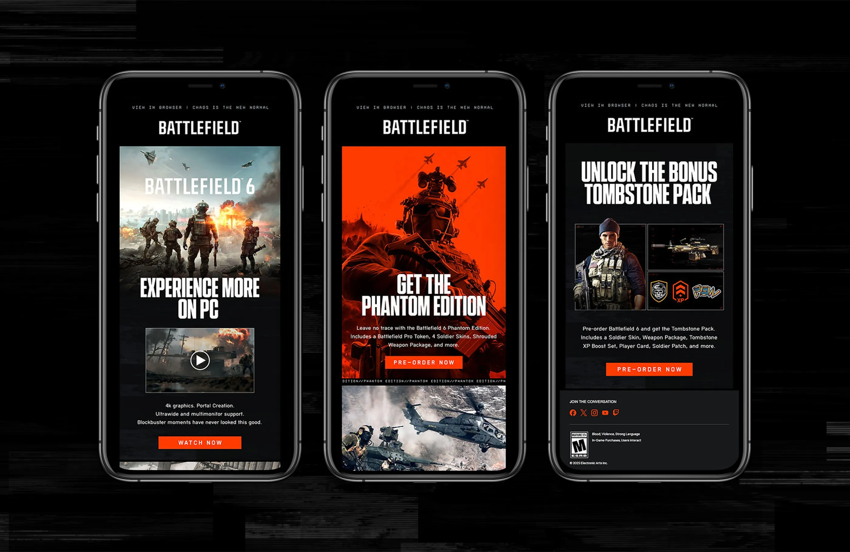 Battlefield 6 promotional emails displayed on three iPhones.