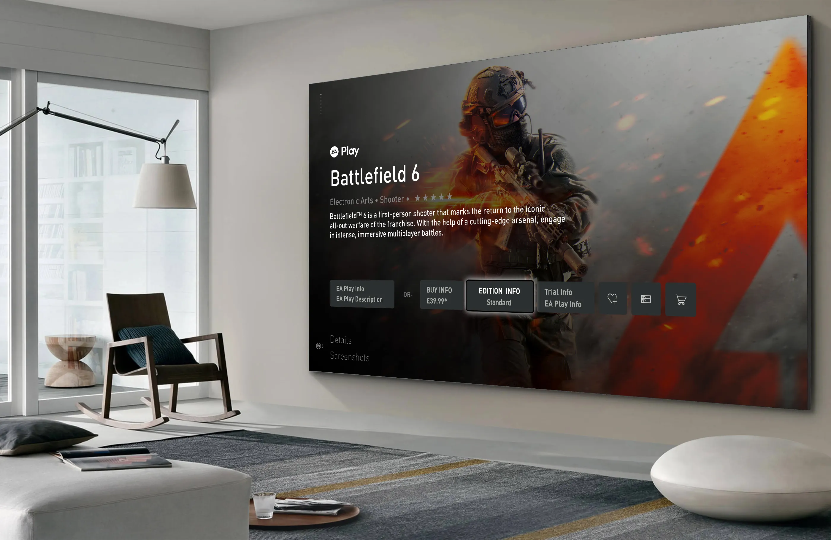 Purchase screen for Battlefield 6 displayed on a TV inside a tastefully-decorated living room.