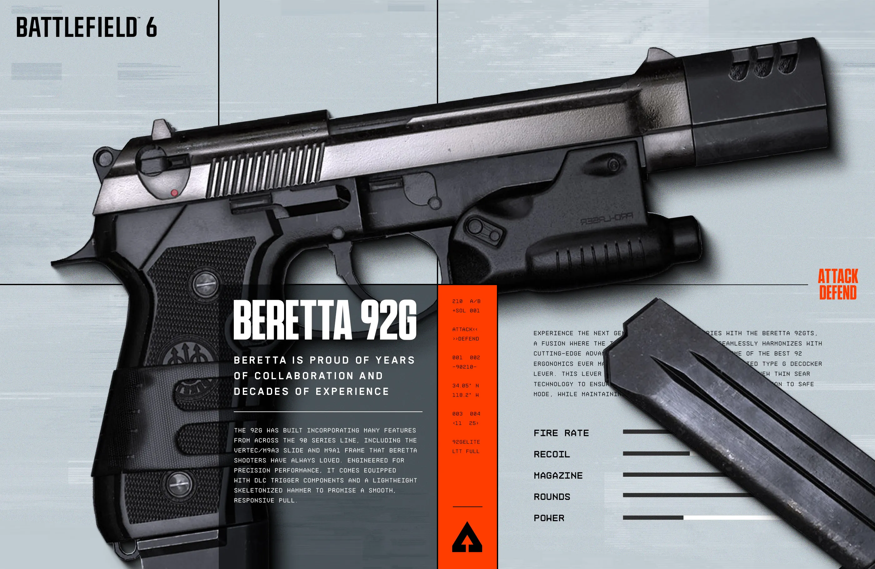 Layout featuring the Beretta 92G handgun from Battlefield 6.