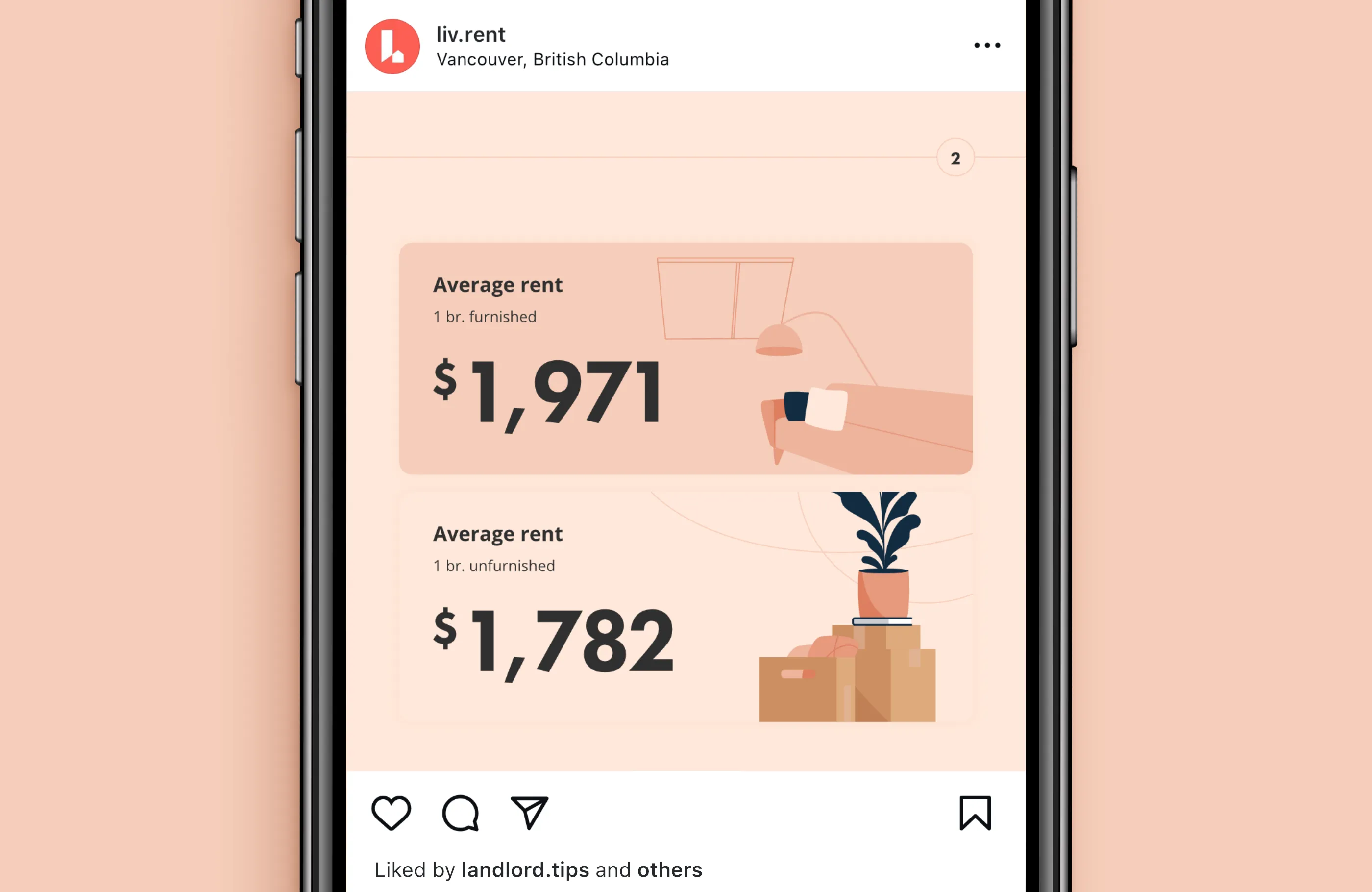 Rent report for Vancouver, September 2021, formatted for Instagram. Second slide with average furnished and unfurnished rent