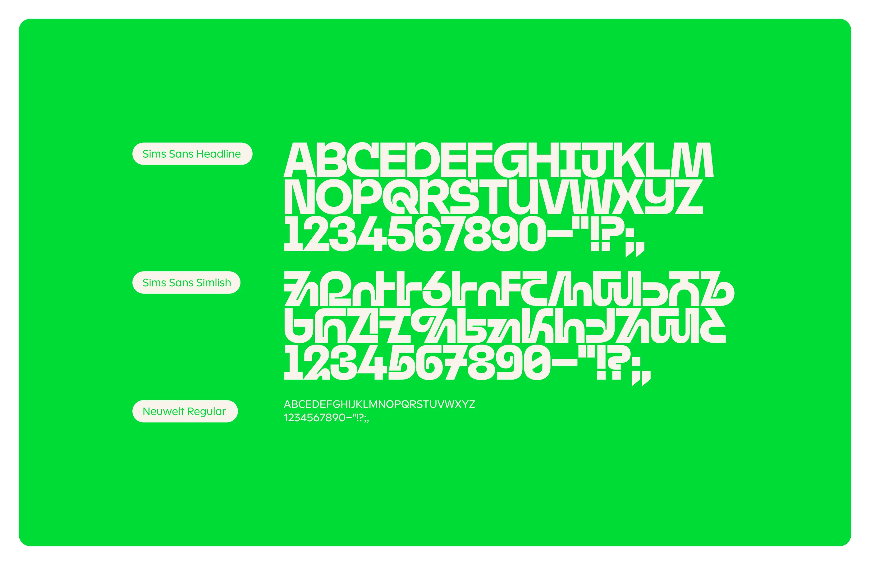 Glyph maps of Sims Sans Headline, Sims Sans Simlish, and Neuwelt Regular fonts.