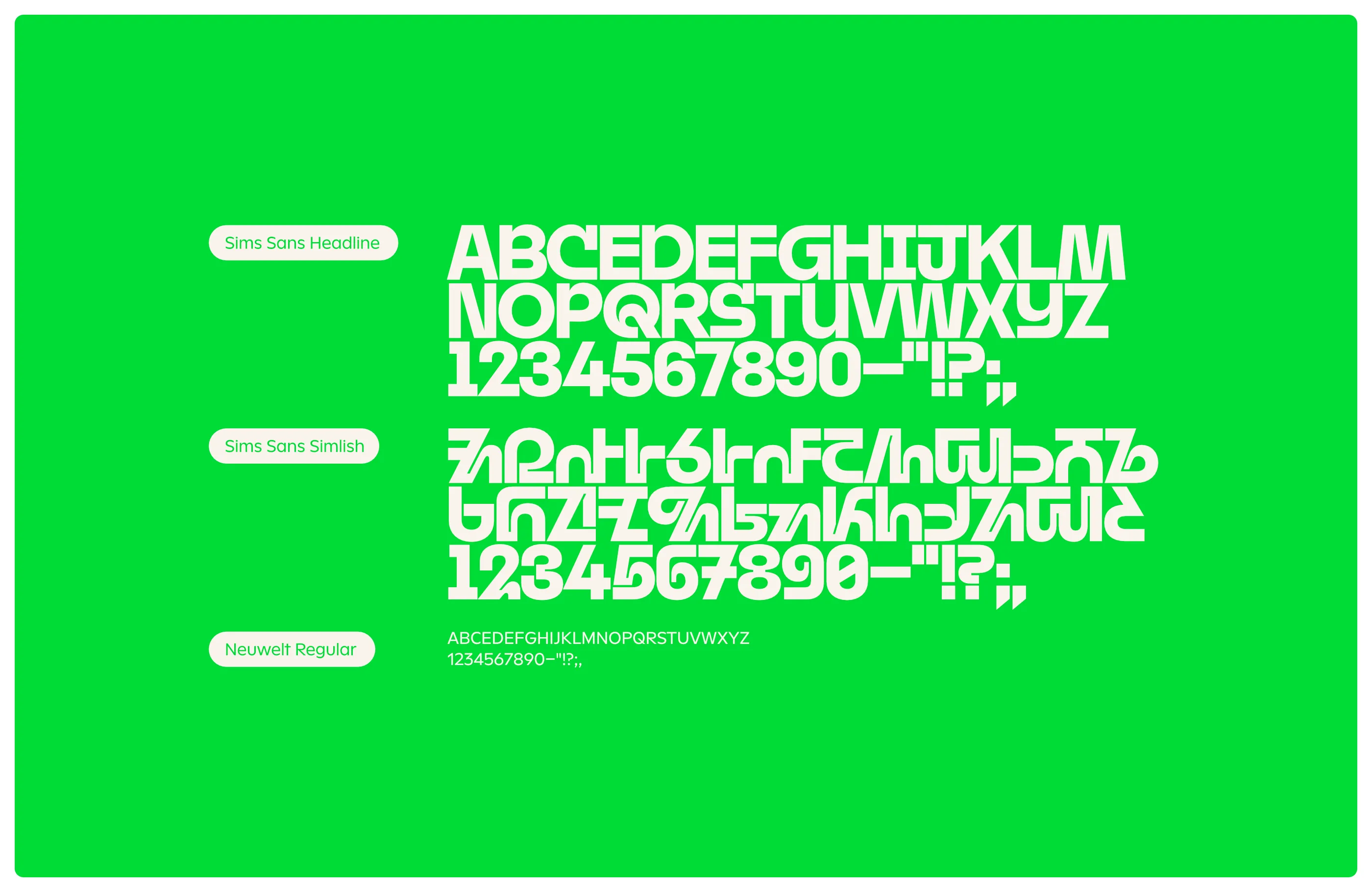 Glyph maps of Sims Sans Headline, Sims Sans Simlish, and Neuwelt Regular fonts.