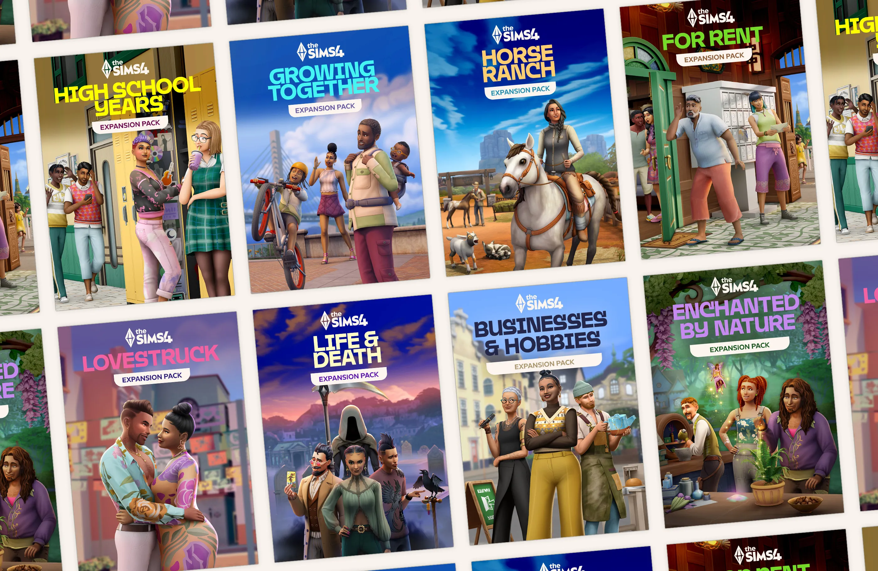 The Sims 4 expansion packs key art laid out in a grid.