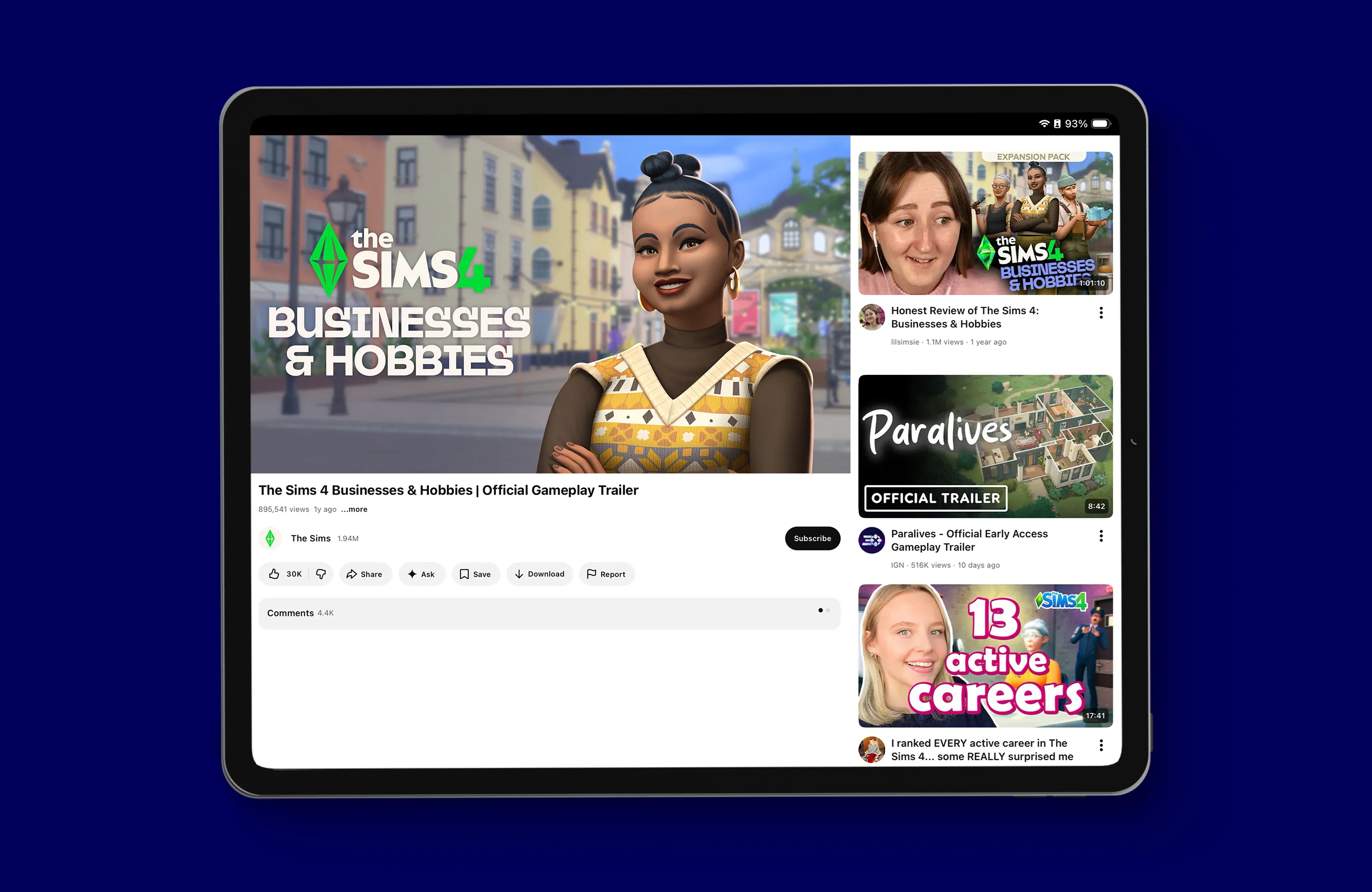 The Sims 4 Buisnesses & Hobbies expansion pack reveal trailer thumbnail displayed on iPad Pro.