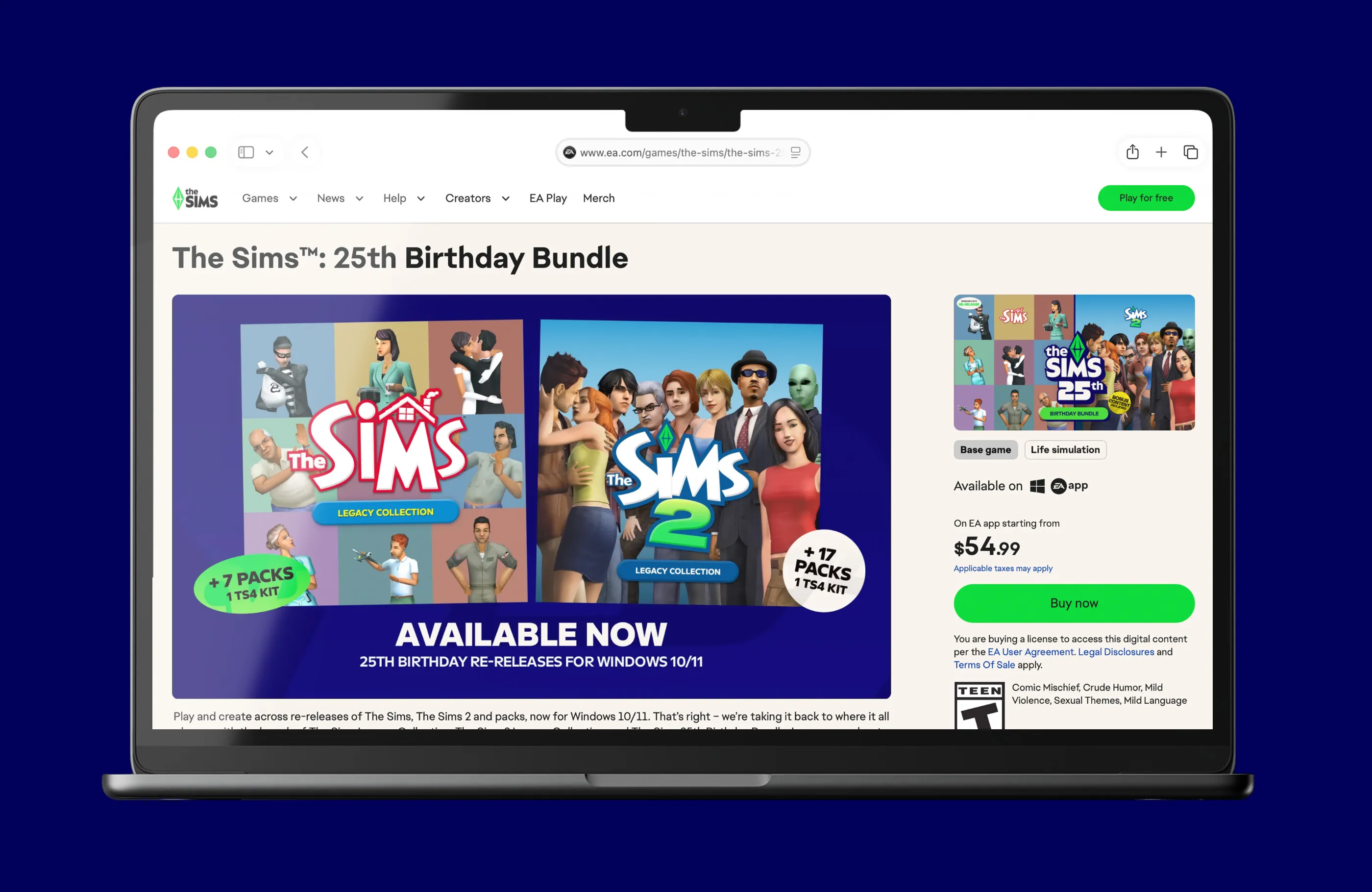 The Sims: 25th Birthday Bundle product page displayed on MacBook Air.