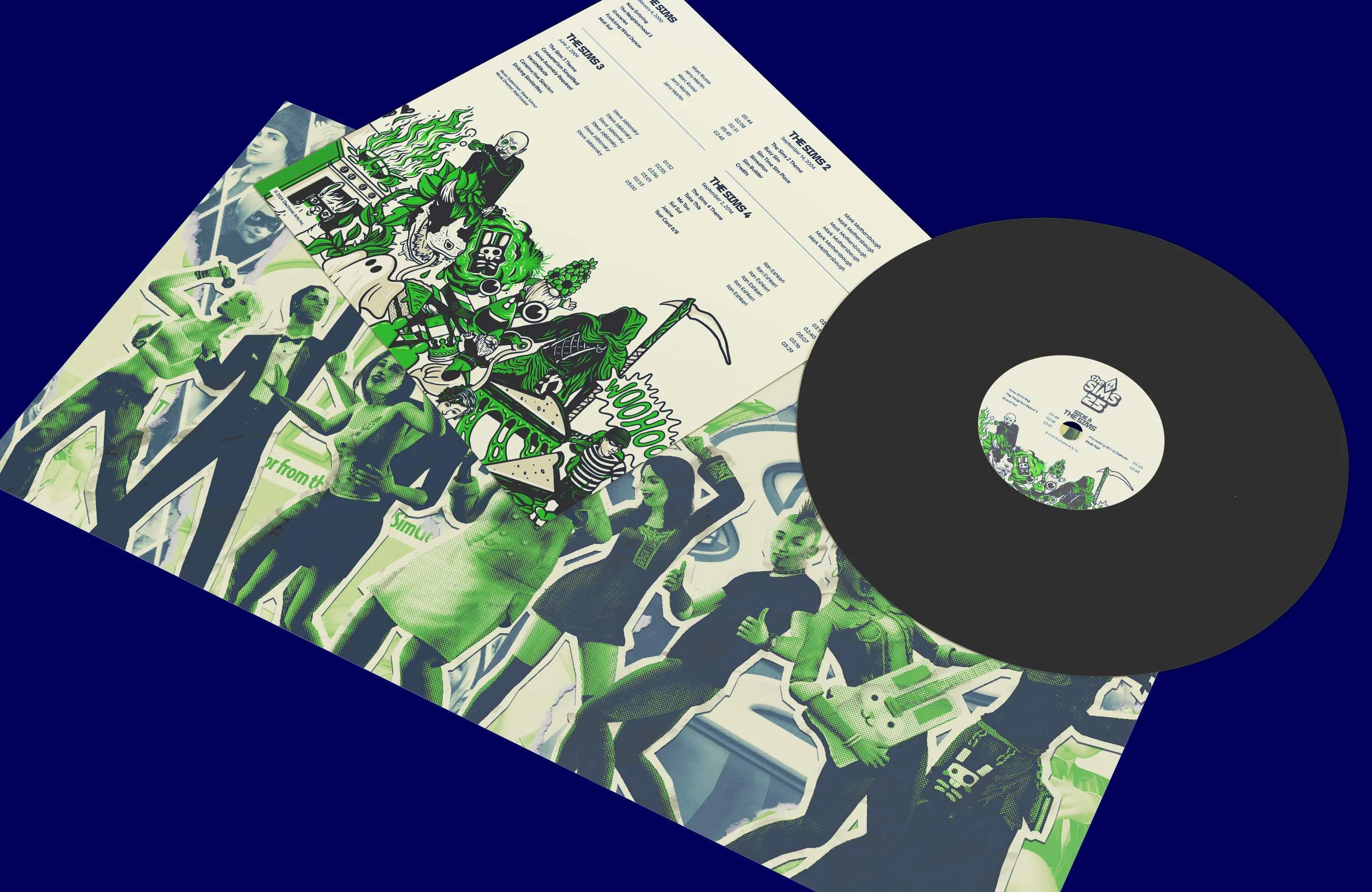 Open gatefold, record, and back cover of The Sims 25th Anniversary soundtrack on vinyl.
