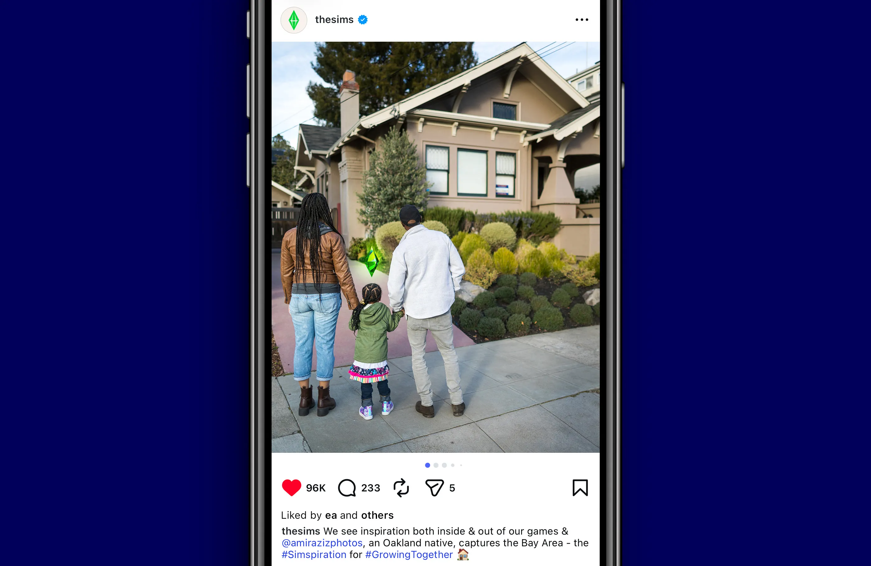 Instagram post of family standing outside their home; the daughter has a Plumbob above her head.