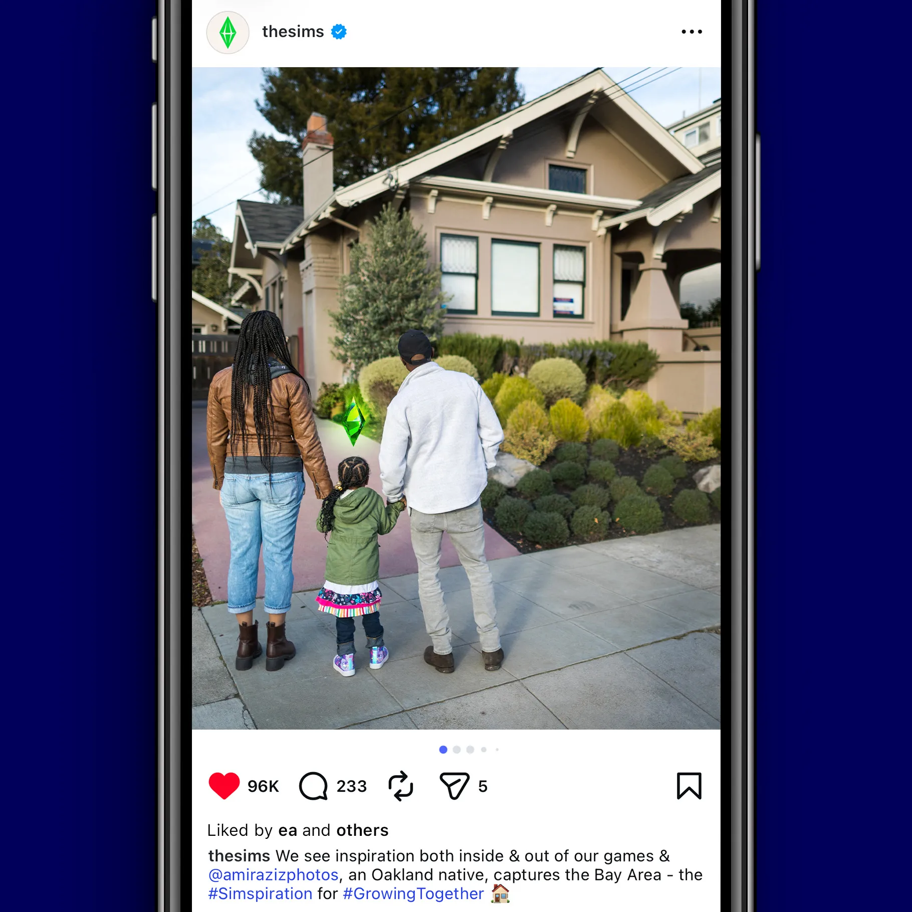 Instagram post of family standing outside their home; the daughter has a Plumbob above her head.