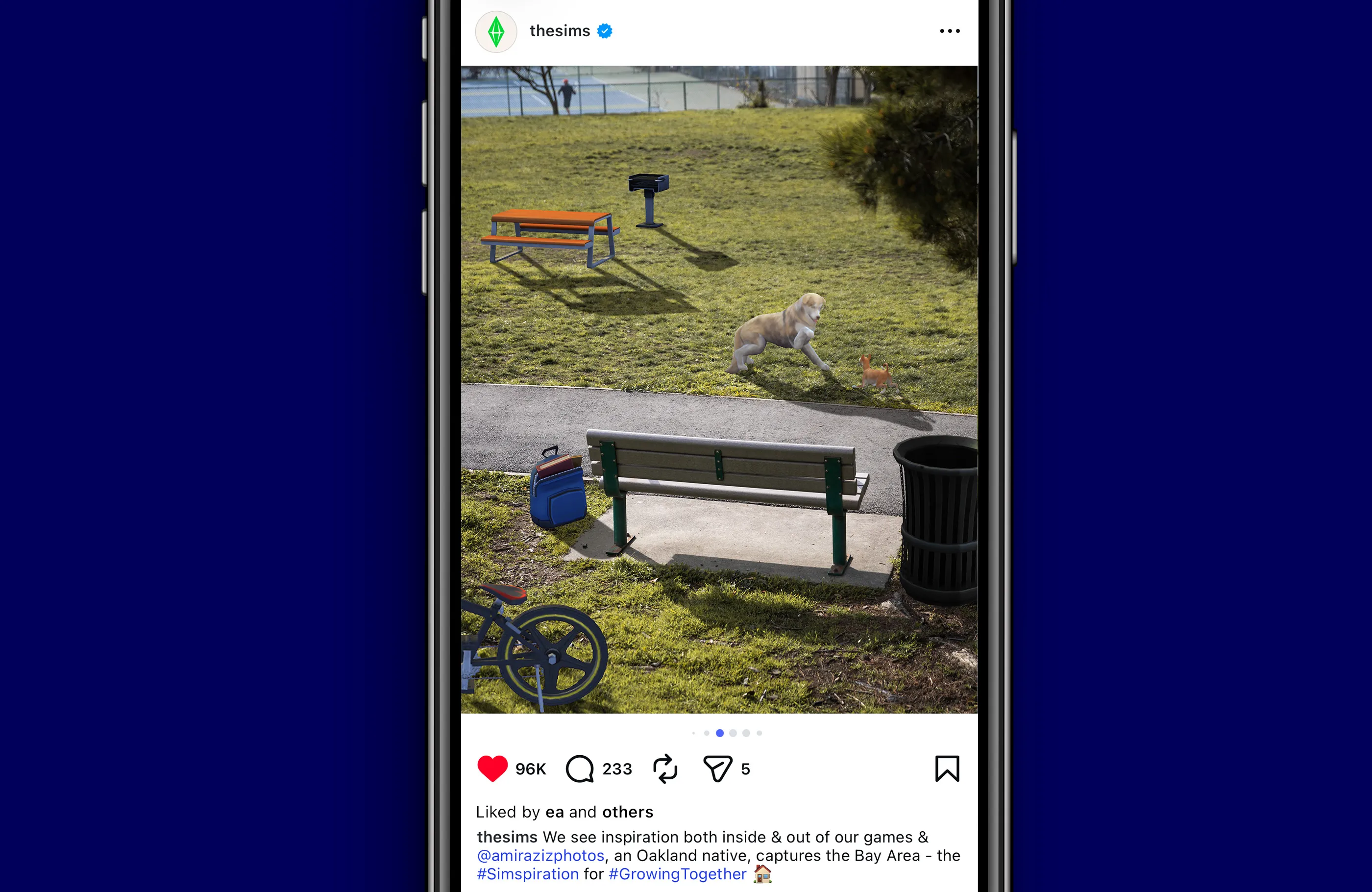 Instagram post of a dog park featuring Sims objects in a real-world space.