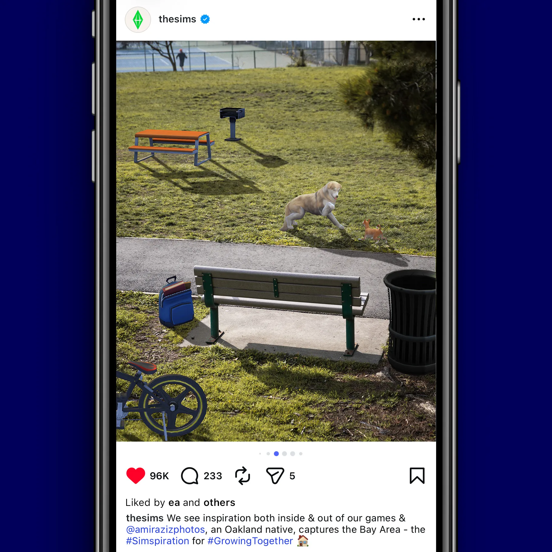 Instagram post of a dog park featuring Sims objects in a real-world space.