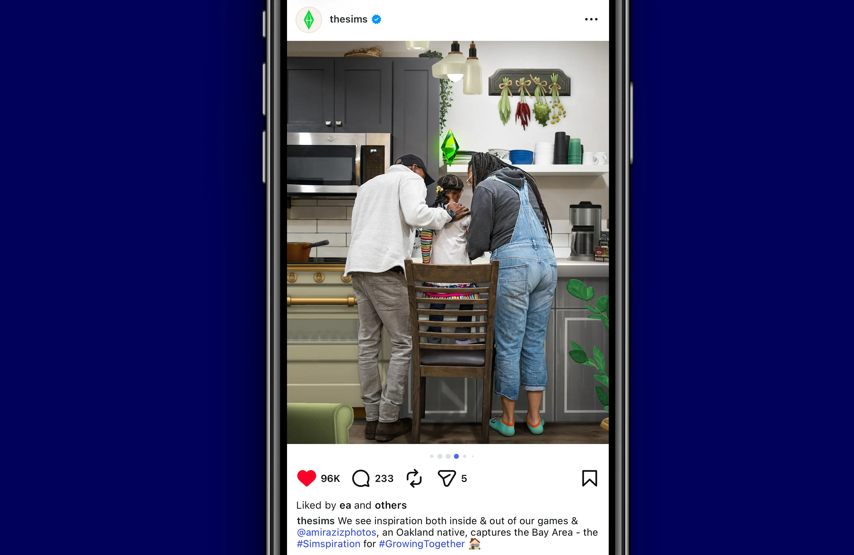 Instagram post of family cooking together featuring Sims objects in a real-world space.