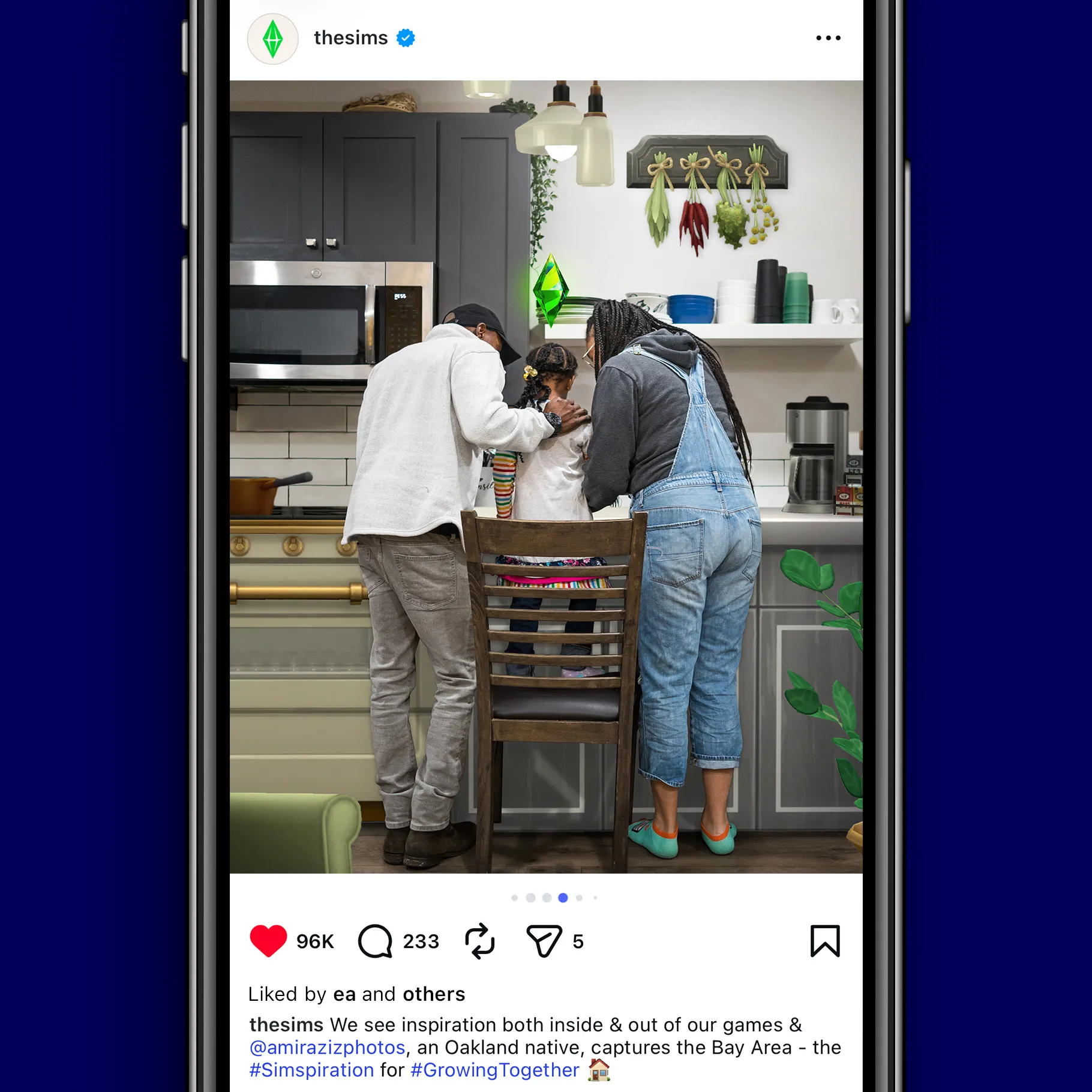 Instagram post of family cooking together featuring Sims objects in a real-world space.