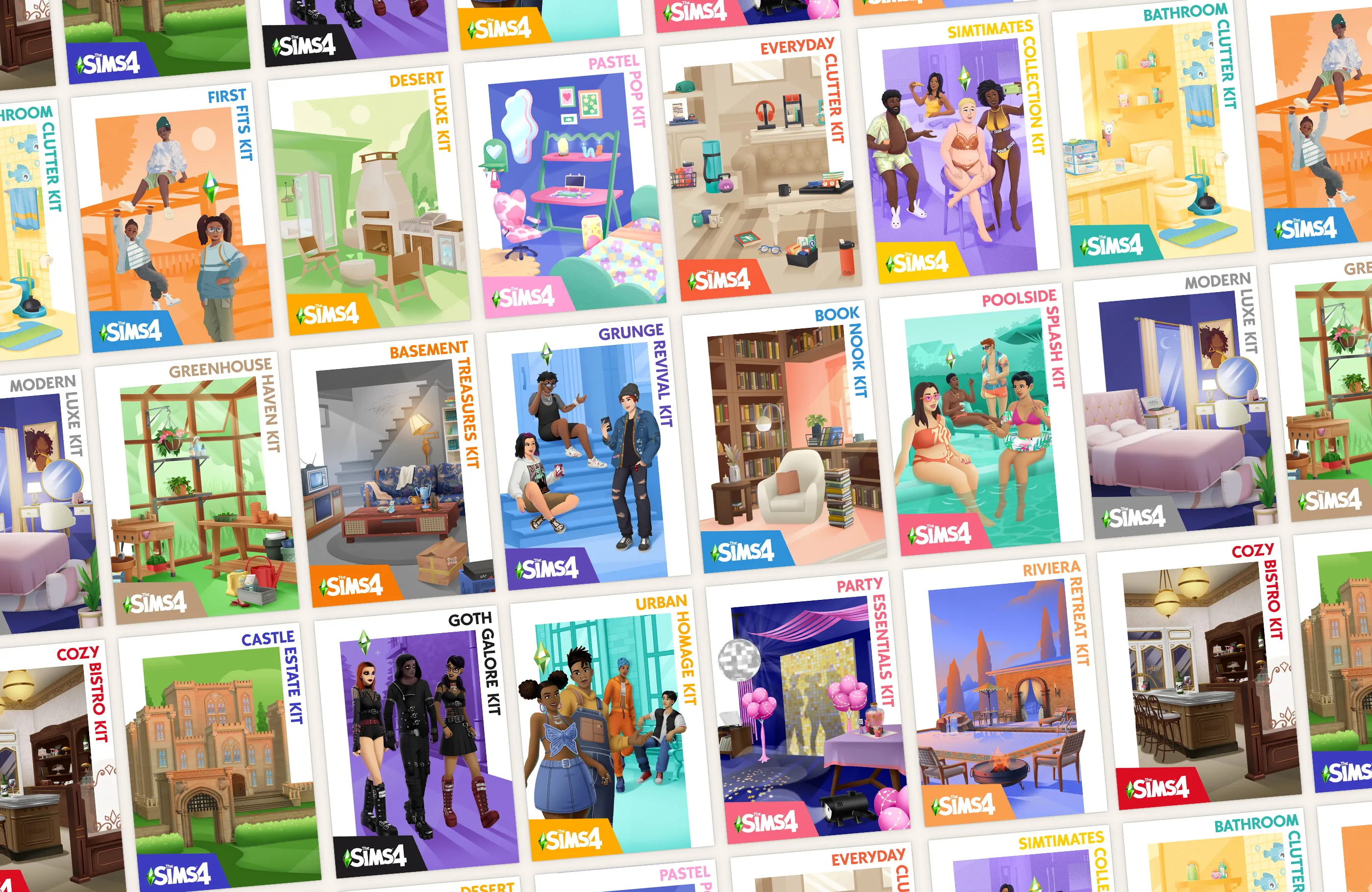 The Sims 4 kits key art laid out in a grid.